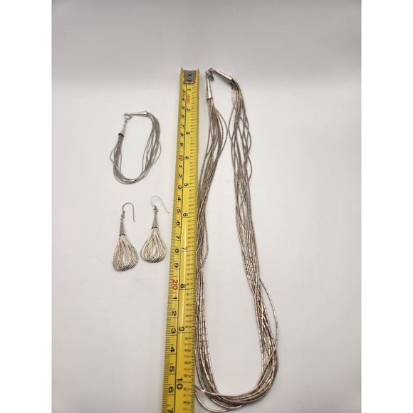 Sterling Silver Liquid Silver Multi Strand Necklace Bracelet Earring Set 925 - Picture 6 of 10